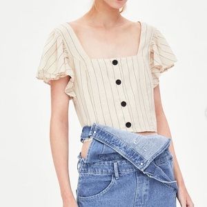 Zara Button Square Neck Ruffly Shoulder Crop Top